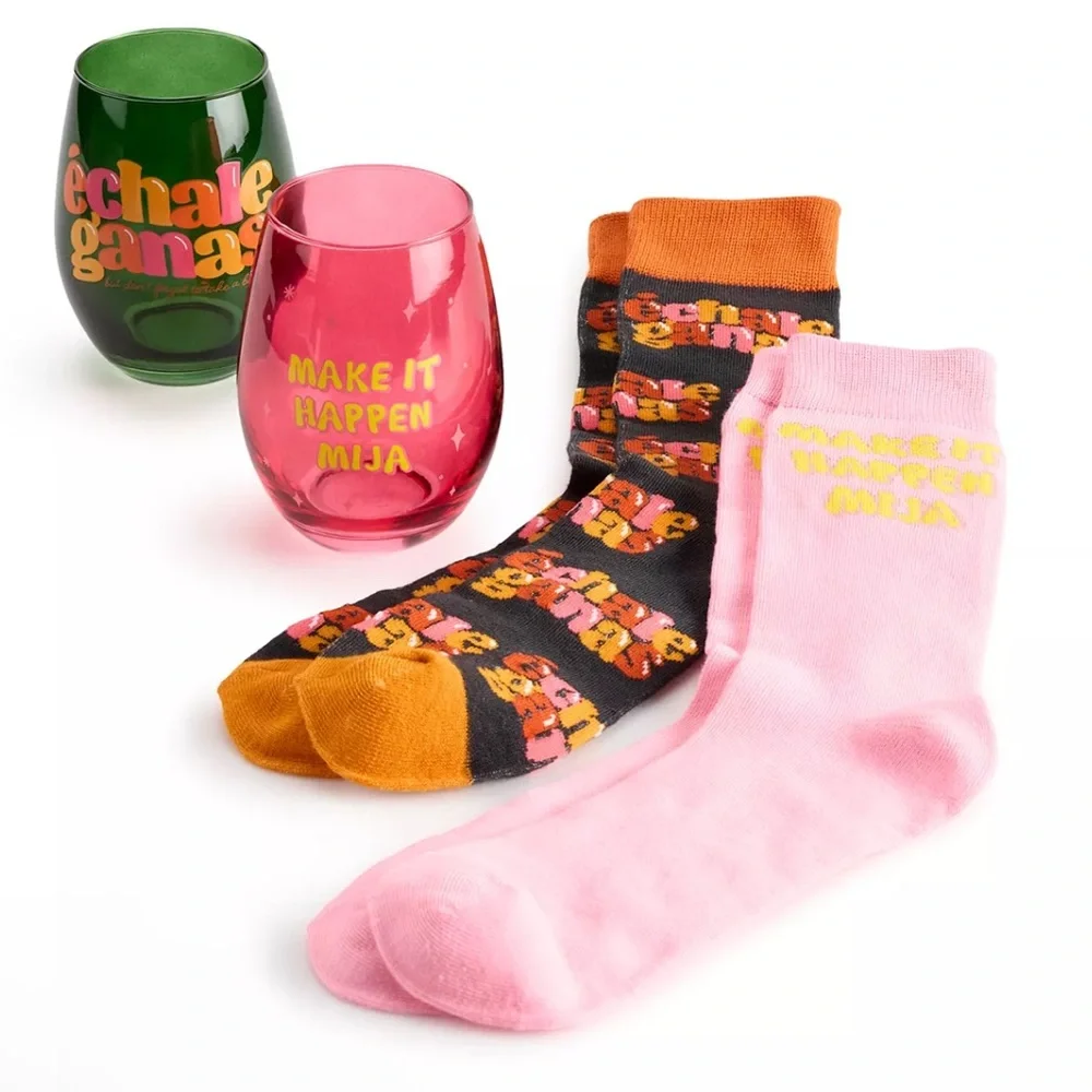 Quiero Prints Echale Ganas Stemless Wine Glass & Sock Gift Set NEW